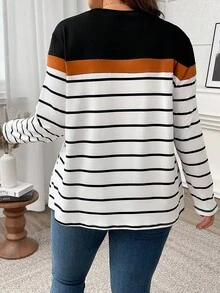 EMERY ROSE Plus Size Color Block Striped Long Sleeve Women T-Shirt Graphic Tee For Spring