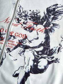 PAVTROS Manfinity Streetrush 男士街头风流行INS同款天使花卉元素复古涂鸦风格户外音乐节夜店男友老公周年纪念礼物白色卫衣，天使图案连帽衫，白色图案连帽衫，街头风拉链连帽衫，秋冬款，长袖上衣 - 彩色 - 查看 3