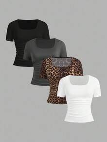 SHEIN EZwear 4 pièces/set T-shirts à manches courtes pour femmes grandes tailles, style minimaliste décontracté en noir, gris acier et imprimé léopard blanc. Convient pour les sorties d'été