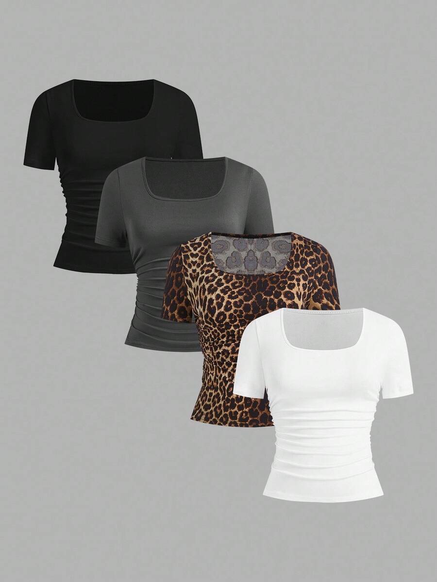 SHEIN EZwear 4 pièces/set T-shirts à manches courtes pour femmes grandes tailles, style minimaliste décontracté en noir, gris acier et imprimé léopard blanc. Convient pour les sorties d'été