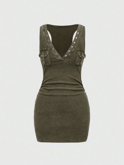 Grunge Punk Vintage Washed Distressed Eyelet Pocket Knit Retro Low-Cut Black & Grey Speckled Short Sleeve Bodycon Ruched Waist Sheath Dress For Women