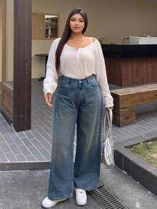 Dazy Petite Plus 宽松直筒亮片装饰长牛仔裤，四季皆宜