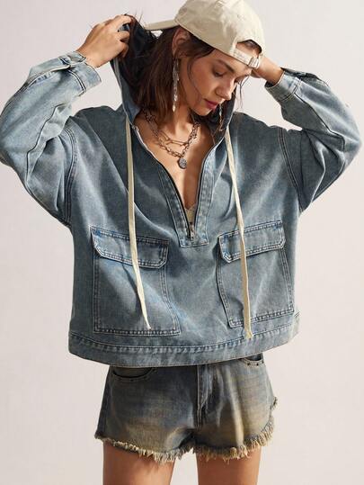 Bohemela 女士秋季落肩长袖拉链半开襟实用口袋休闲连帽外套牛仔外套女式牛仔外套女式宽松牛仔外套蓝色牛仔外套女式牛仔连帽衫秋季女式秋季女式冬季女式乡村风女式拉链连帽衫连帽衫拉链乡村音乐会西部连帽衫西部服装女式邮轮女式乡村音乐会波西米亚风女式