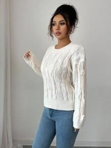 Elenzga 女式复古休闲奢华粗针织 3D 花卉装饰毛衣，秋冬 - 米色 - 查看 7