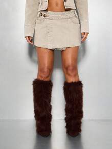 SUMWON WOMEN 原始下摆牛仔迷你裙不对称破洞工装设计高腰纽扣前部冬季节日时尚休闲街头风格米色 - 淺灰色 - 查看 3