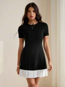 SHEIN Tall Round Neck Mixed Material Ruffle Hem Versatile Mini Dress Women Cocktail Dress Women Short Dresses Women Black Dress,Business Casual - Black - View 3