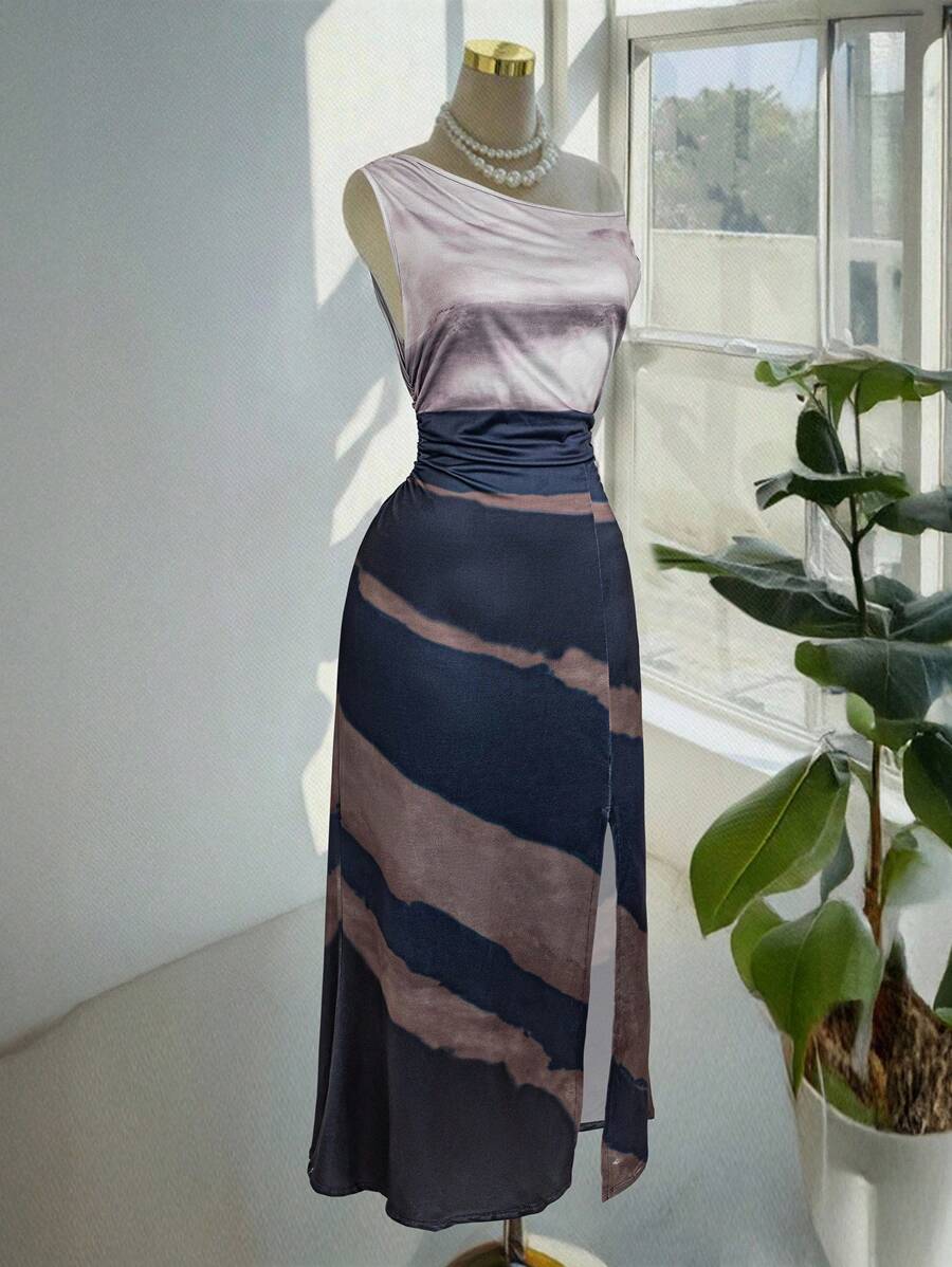 Chiquease Vestido largo ajustado sin mangas con cuello asimétrico con volantes y abertura - Azul - Ver 1