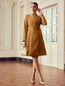 ZEYLAH Women's Elegant Mid-Length Dress With Beaded Collar And Long Sleeves Fall Cloth For Women - Brown - View 4