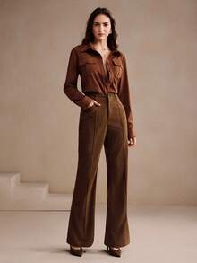 Anewsta 女士优雅领长袖口袋衬衫，拉绒棕色上衣 - 棕色 - 查看 6