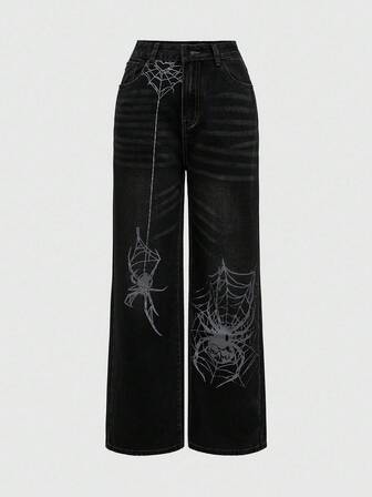 Grunge Punk Women's Spider Pattern Pocket Wide Leg Loose Casual Low Waist Jeans