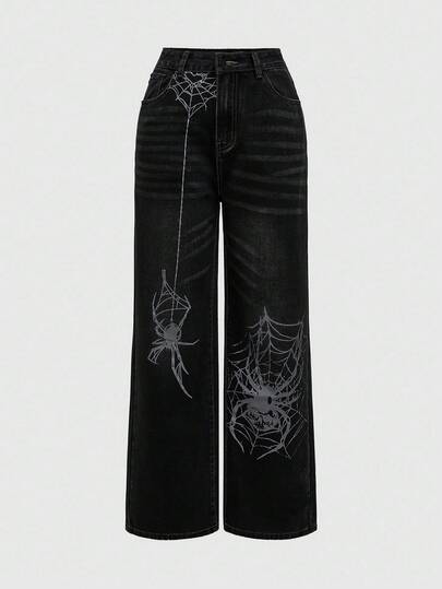 Grunge Punk Women's Spider Pattern Pocket Wide Leg Loose Casual Low Waist Jeans