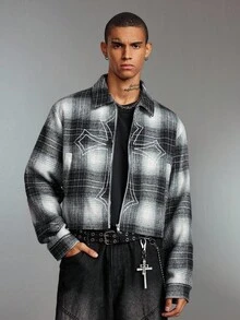 ROMWE MEN Street Life Sobretudo xadrez curto bordado cruzado masculino, corte solto, outono inverno - Preto e Branco - Ver 4