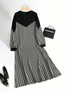 Al Najma Women's Casual Houndstooth Patchwork Long Modest Long Sleeve Dress Houndstooth Dress - Black and White - View 1