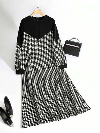 Al Najma Women's Casual Houndstooth Patchwork Long Modest Long Sleeve Dress Houndstooth Dress