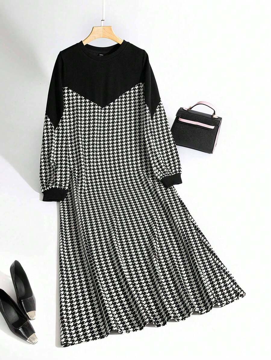 Al Najma Women's Casual Houndstooth Patchwork Long Modest Long Sleeve Dress Houndstooth Dress - Black and White - View 1