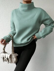 EURMUSE Cotton Solid Mock Neck Drop Shoulder Sweatshirt - Mint Green - View 5