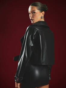 Hauture Women's Black PU Leather Big Collar Cropped Jacket With Buckle Detail –Night Out, Statement Look - Black - View 2