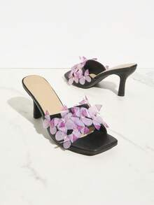 SHUZIA Black,Mules, Slide Sandal, Butterfly, Kitten Heels, Square Toe, Rhinestone - Black - View 3