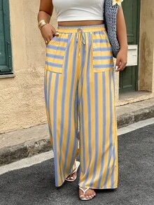 Flirla 大码女式系腰阔腿宽松休闲条纹印花裤，随机印花 - 彩色 - 查看 6