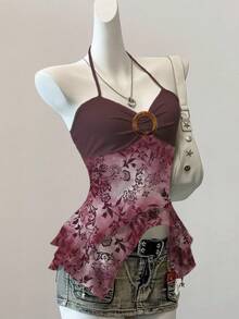 SHEIN EZwear 夏季性感花卉印花网眼拼布露背吊带上衣 - 彩色 - 查看 1