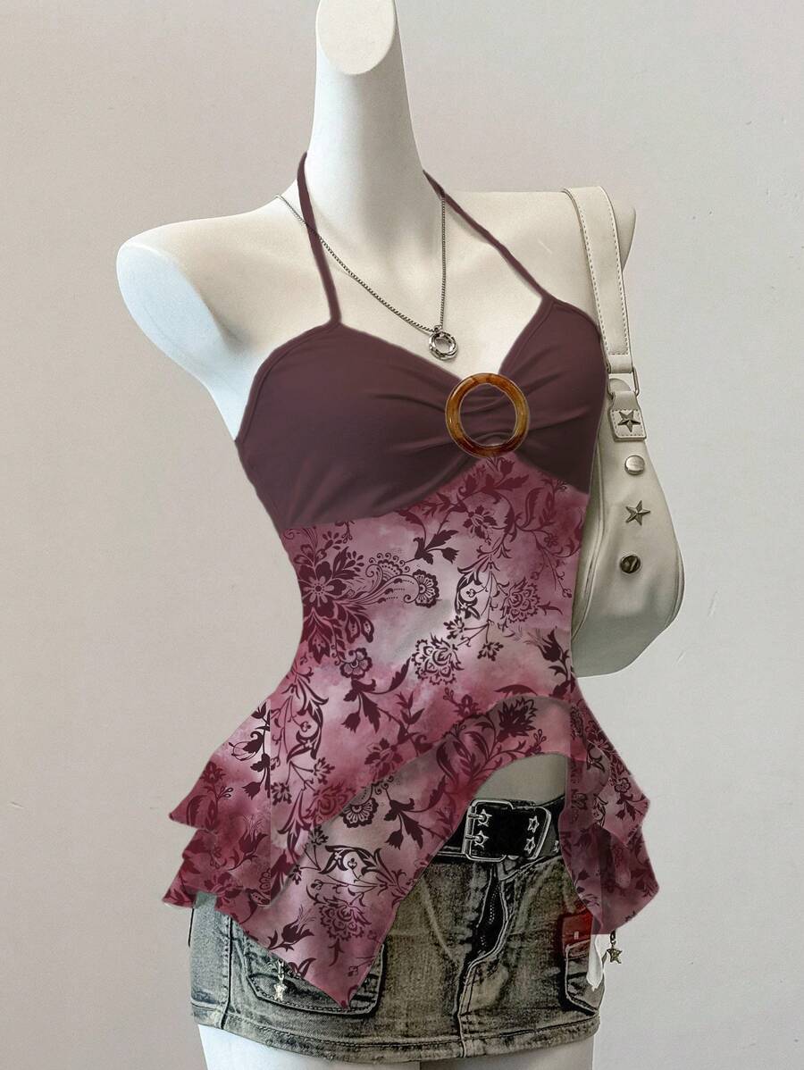 SHEIN EZwear 夏季性感花卉印花网眼拼布露背吊带上衣 - 彩色 - 查看 1