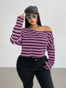 POPSWAY 大码女式华夫格条纹斜领长袖 T 恤，百搭休闲图案 T 恤，适合春季 - 紫色 - 查看 5