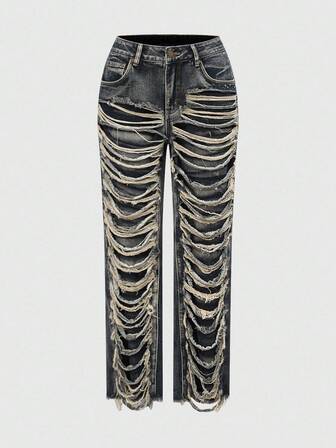 Grunge Punk Jeans da donna con gamba a zampa, vita bassa, design asimmetrico e consumato, stile punk edgy per Ognissanti