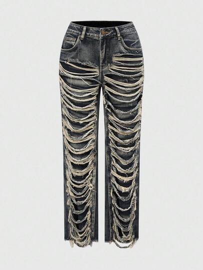Grunge Punk Jeans femme à jambe évasée, taille basse, design asymétrique déchiré, style punk rock et pour Halloween