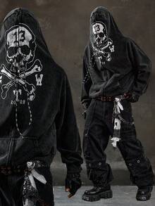 ROMWE MEN Street Life Men's Dark Style Skull Print Zip-Up Hoodie Jacket, Fall - Black - View 1