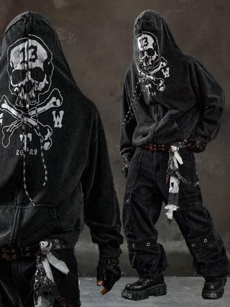 Goth Men's Dark Style Skull Print Zip-Up Hoodie Jacket, Fall