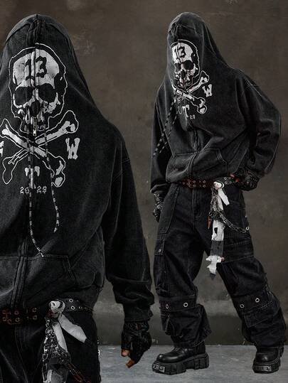 Goth Men's Dark Style Skull Print Zip-Up Hoodie Jacket, Fall