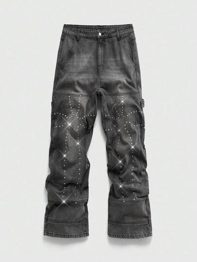 Street Life Casual Fashion Versatile Button Fly Wide Leg Rhinestone Men's Jeans