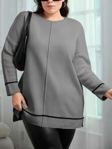 EURMUSE Contrast Binding Batwing Sleeve Sweater - Light Grey - View 1