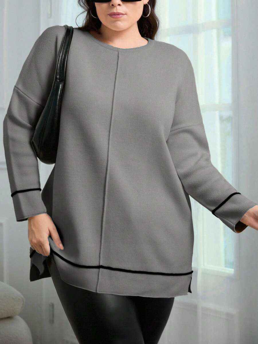 EURMUSE Contrast Binding Batwing Sleeve Sweater - Light Grey - View 1