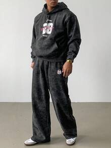 DAZY Men's Vintage Letter Print Hoodie Set, Streetwear Style, Autumn - Black - View 4