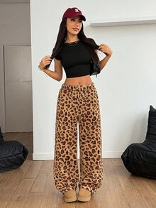 SHEIN PETITE 女士豹纹松紧腰蓬松宽松裤，秋冬 - 棕色 - 查看 10