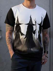 Manfinity NXTstreet Men's Casual Knit Halloween Witch With Hat Pattern Print Slim Fit Crew Neck Short Sleeve T-Shirt, 2000s Style - Multicolor - View 3