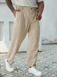 Manfinity Homme Pantaloni casual in lino da uomo taglie forti, con cuciture frontali, colore tinta unita, adatti per l'autunno - Cachi - Visualizzare 3