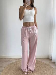 Sunnyshic Quần nỉ ống đứng cạp trễ thêu gân màu tương phản màu xám 87, túi xéo, ống đứng, dáng rộng, thường ngày, phù hợp mặc ở nhà, hàng ngày, dạo phố, thể thao cổ điển, thiết kế tối giản, mùa xuân/hè dành cho nữ - Hồng - Xem 5