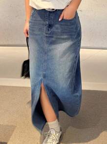 Dazy Plus Chân váy Maxi denim xẻ tà thẳng phía trước màu xanh nhạt, cỡ lớn, mùa thu - Rửa trung bình - Xem 1