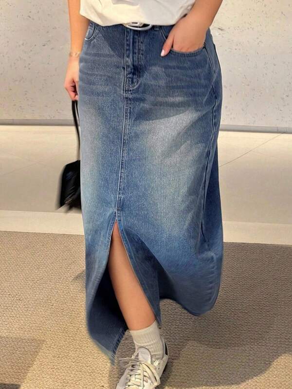 Dazy Plus Washed Light Blue Straight Front Slit Maxi Denim Skirt, Plus Size, Autumn