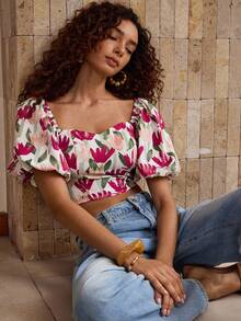 Glamance Kays Illustrations Women's Fashion Sweetheart Collar Printed Short Blouse Going Out Fall Elegant Blouses Casual - Multicolor - View 6