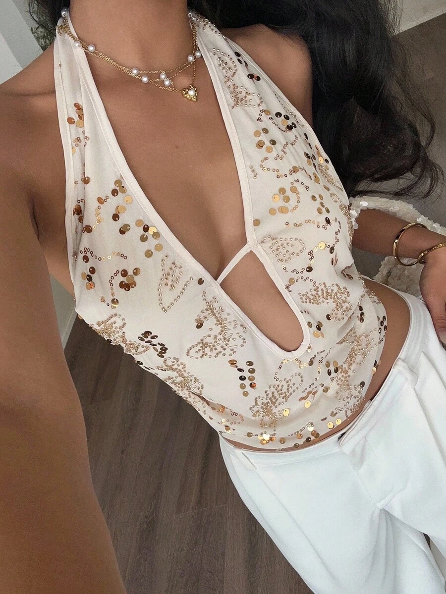 SHEIN Frenchy Women's Sexy Sequin Embroidery Backless Halter Top, Beaded Embroidered Top, Party Top - Apricot - View 1