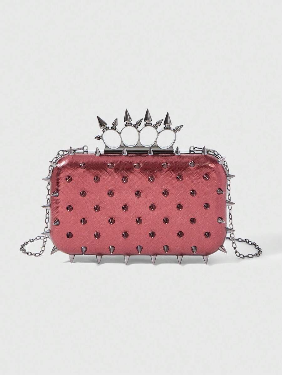 ROMWE Goth Women Evening Clutch Bag, Simple Solid Color With Rivet Decor, Fashion - Burgundy - View 1