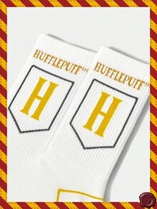 HARRY POTTER X SHEIN 1双女式字母图案拼色中筒袜 - 白色 - 查看 2