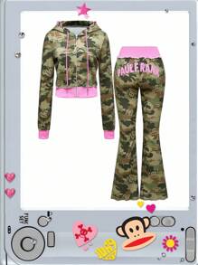 Paul Frank X ROMWE 2件套 Y2K Kpop 亚文化 Baddie 联名 Logo 迷彩印花刺绣卫衣和运动裤套装 - 彩色 - 查看 4