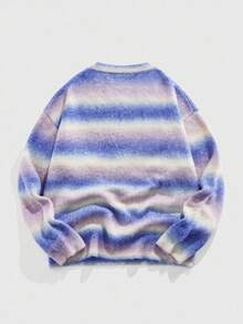 ROMWE MEN Street Life Pull ample à col rond rayé, manches longues, tricot lâche, automne - Bleu azur - Voir 2