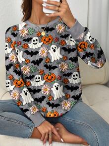 EMERY ROSE Plus Size Halloween Ghost Pumpkin & Bat Print Raglan Long Sleeve Sweatshirt Fall Cloth For Women Winter Autumn - Multicolor - View 5
