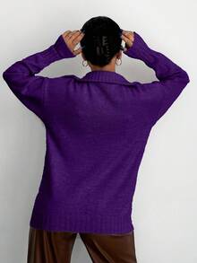 EURMUSE Women's Solid Color Zip-Up V-Neck Casual Sweater, Long Sleeve, Autumn/Winter - Purple - View 2