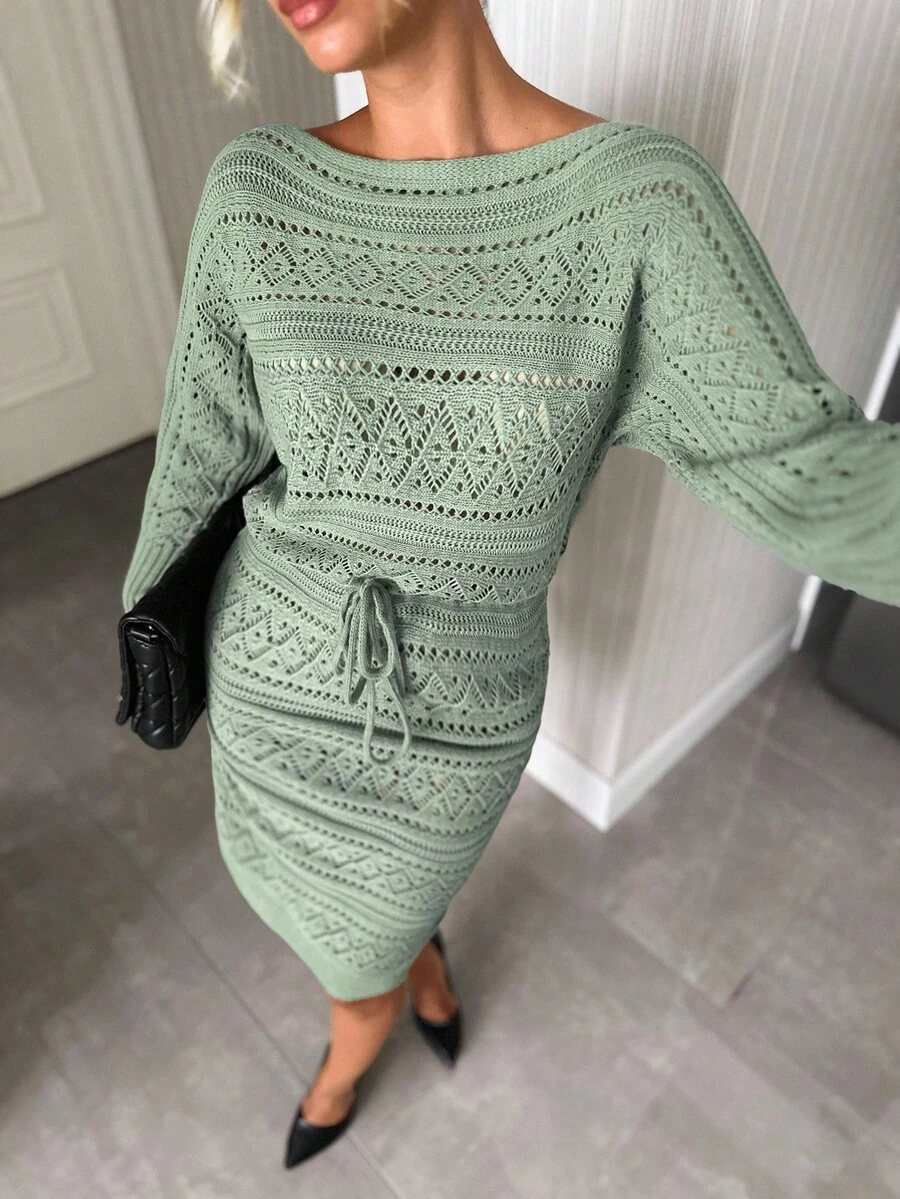 SHEIN Solid Color Holow Out Batwing Sleeve Sweater, Spring/Fall Season, Long Sleeve Top Sweater Dress,Winter Dresses For Women,Petite